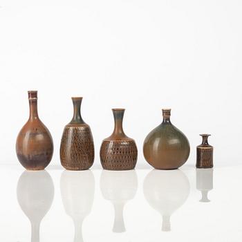 Stig Lindberg, five stoneware vases, Gustavsbergs Studio, Sweden, 1963-1970.