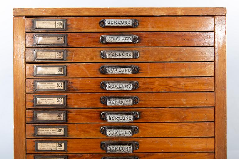 Arkivskåp för typsnitt, "Boklund" omkring 1900.