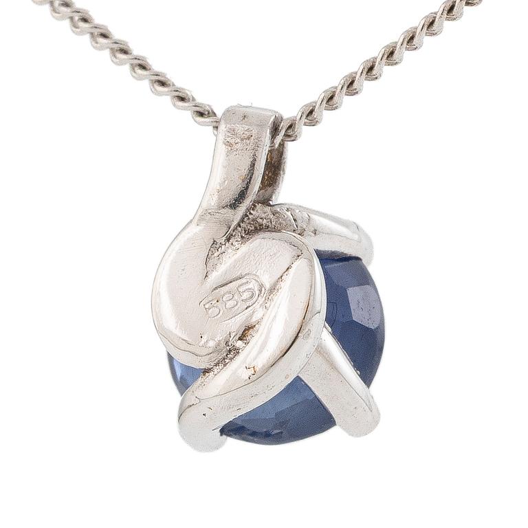 14K white gold necklace with a faceted sapphire.
