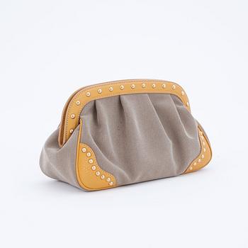 PRADA, a beige canvas clutch bag.