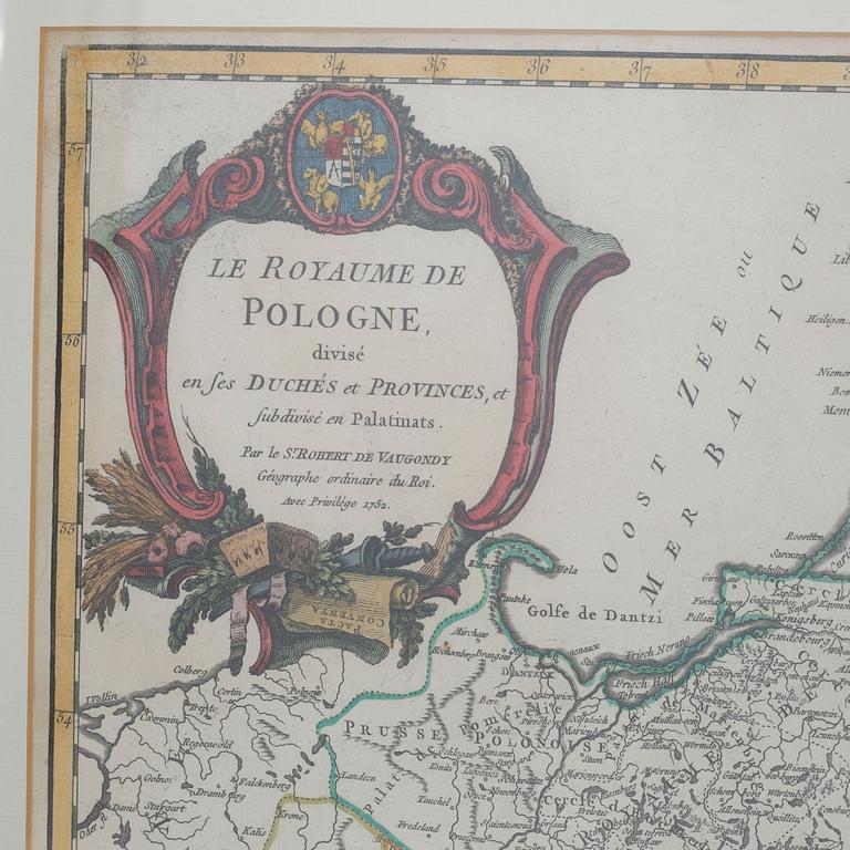 MAP - ROBERT DE VAUGONDY, Poland, hand colored copper engraving, Paris 1752.