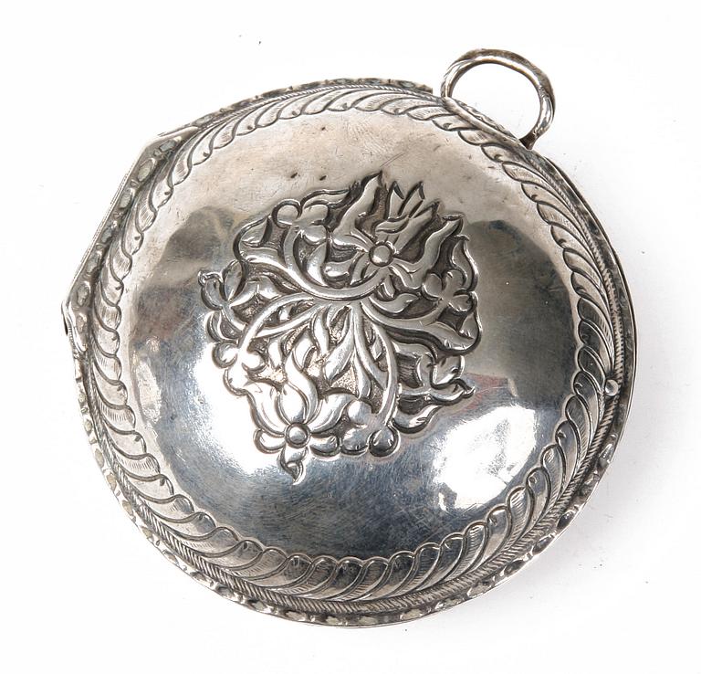 FICKUR, i fodral, silver, 1700/1800-tal.