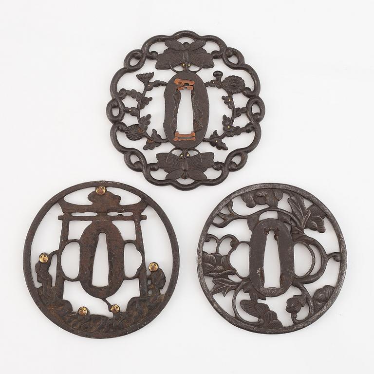 Three Japanese iron tsubas, Edo, 19th century.