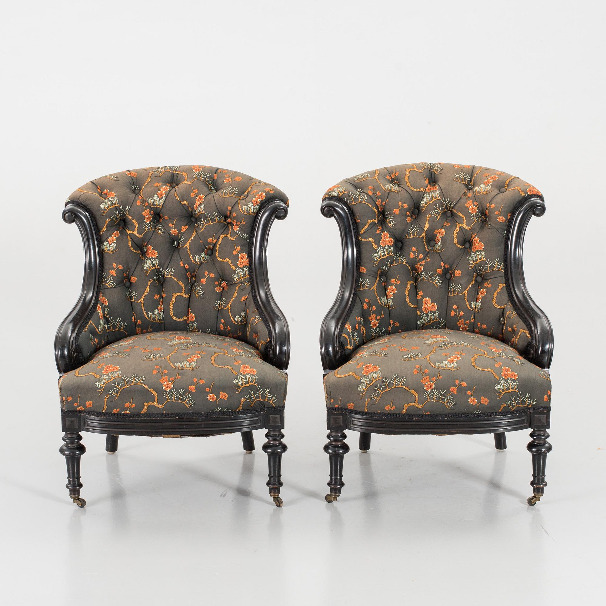 A pair of late 19th century lounge chairs.