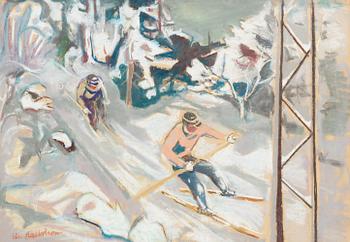 77. Eric Hallström, Vintrigt landskap med skidåkare.