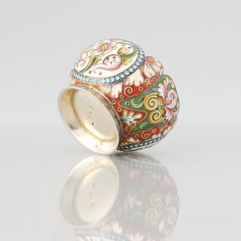 A Russian early 20th Century silver-gilt and enamel salt cellar. Assayer's mark Ivan Lebedkin.