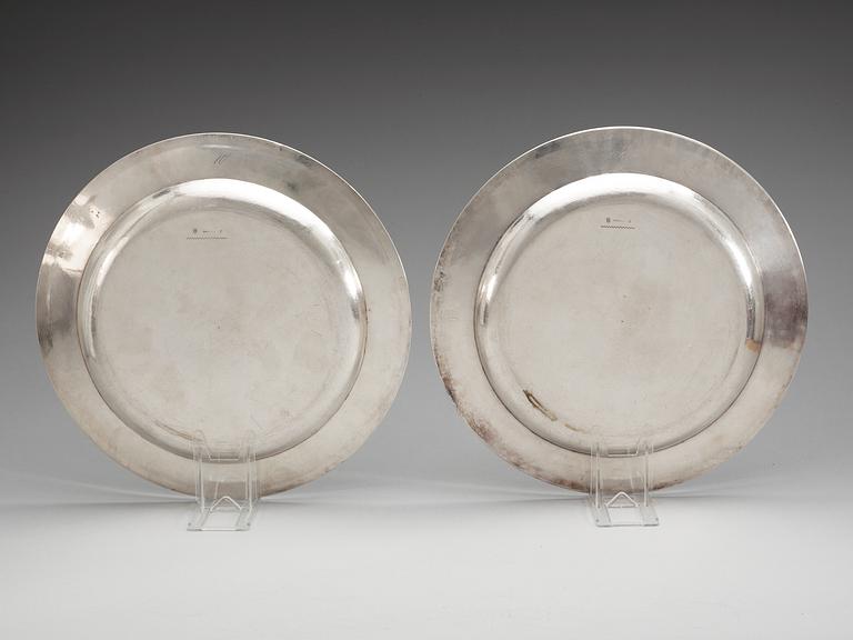 A pair of German 19th century silver plates, marked Breymann, Dresden 1825.