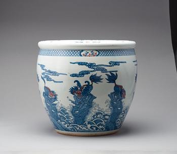 A pair of massive Chinese blue and white and red basins, 20th Century.