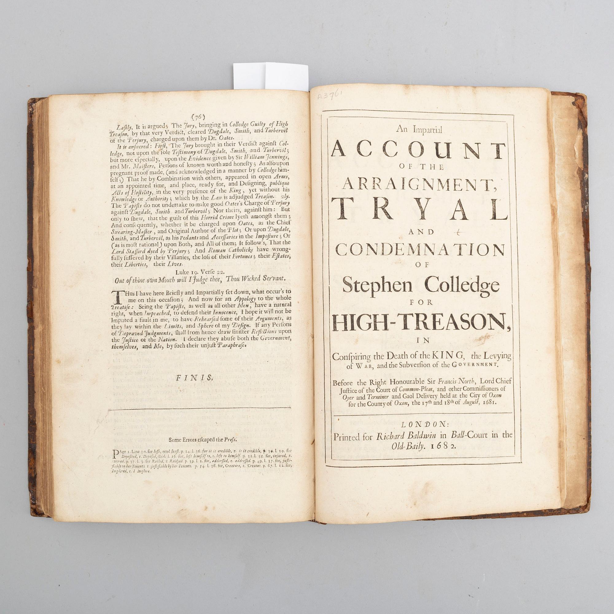 BOOK, Trial and execution of Viscount Stafford 1680 / The Popish Plot.