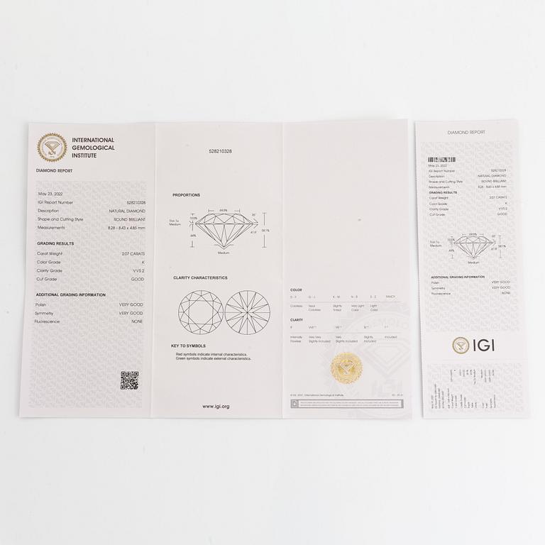 Ring, med  briljantslipad diamant 2,07 ct, medföljande IGI report.