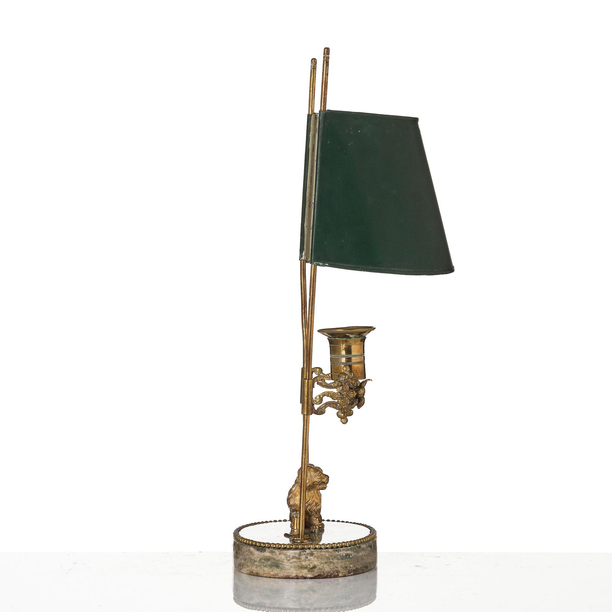 A Gustavian gilt brass and 'Kolmård' marbke one-light reading lamp, late 18th century.
