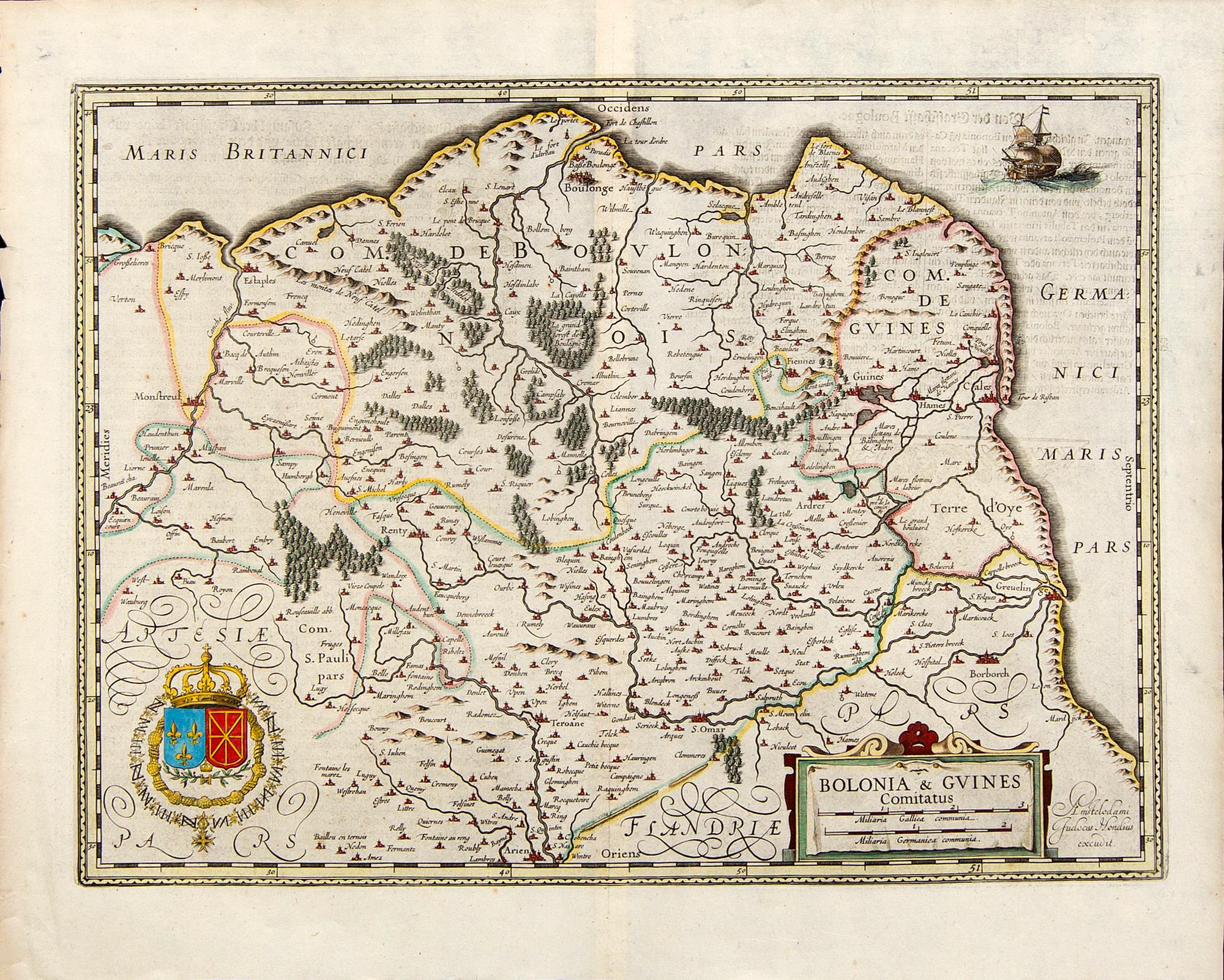 Jodocus Hondius, hand colored engraving, map France Pas-de-Calais, Amsterdam c 1630-50.