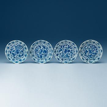 A set of four blue and white dishes, Qing dynasty, Kangxi (1662-1722), with Chenghua six character mark.