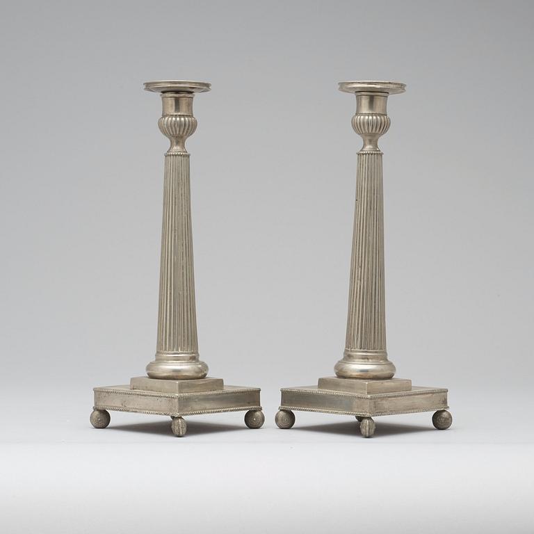 A pair of late Gustavian pewter candlesticks by H Wicksten, master 1782.