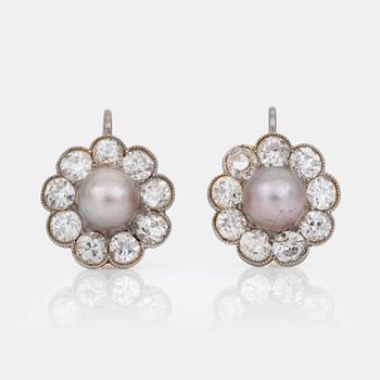 A pair of possibly natural pearl and diamond earrings. Pearls  6.2-6.4 mm. Total carat weight of diamonds circa 2.55cts.