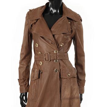 BURBBERY, a brown leather coat.