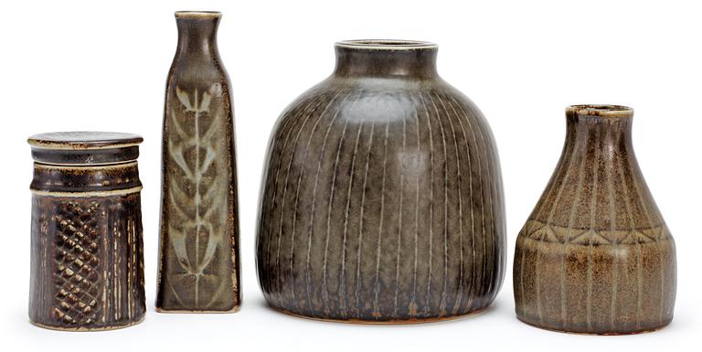 A Carl-Harry Stålhane stoneware lidded jar and three vases, Rörstrand.