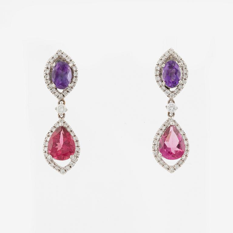 Earrings, 18K white gold with amethysts, pink tourmalines, and brilliant-cut diamonds.