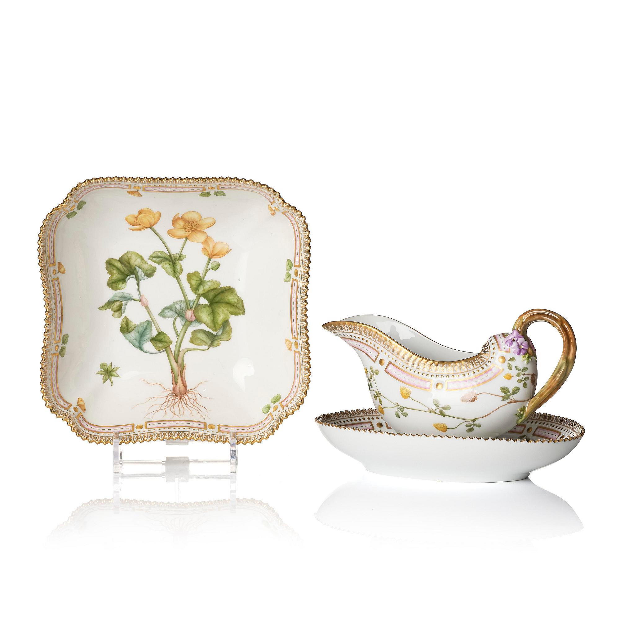 A Royal Copenhagen 'Flora Danica' sauce boat and a pillow shaped bowl, Denmark, 20th century.