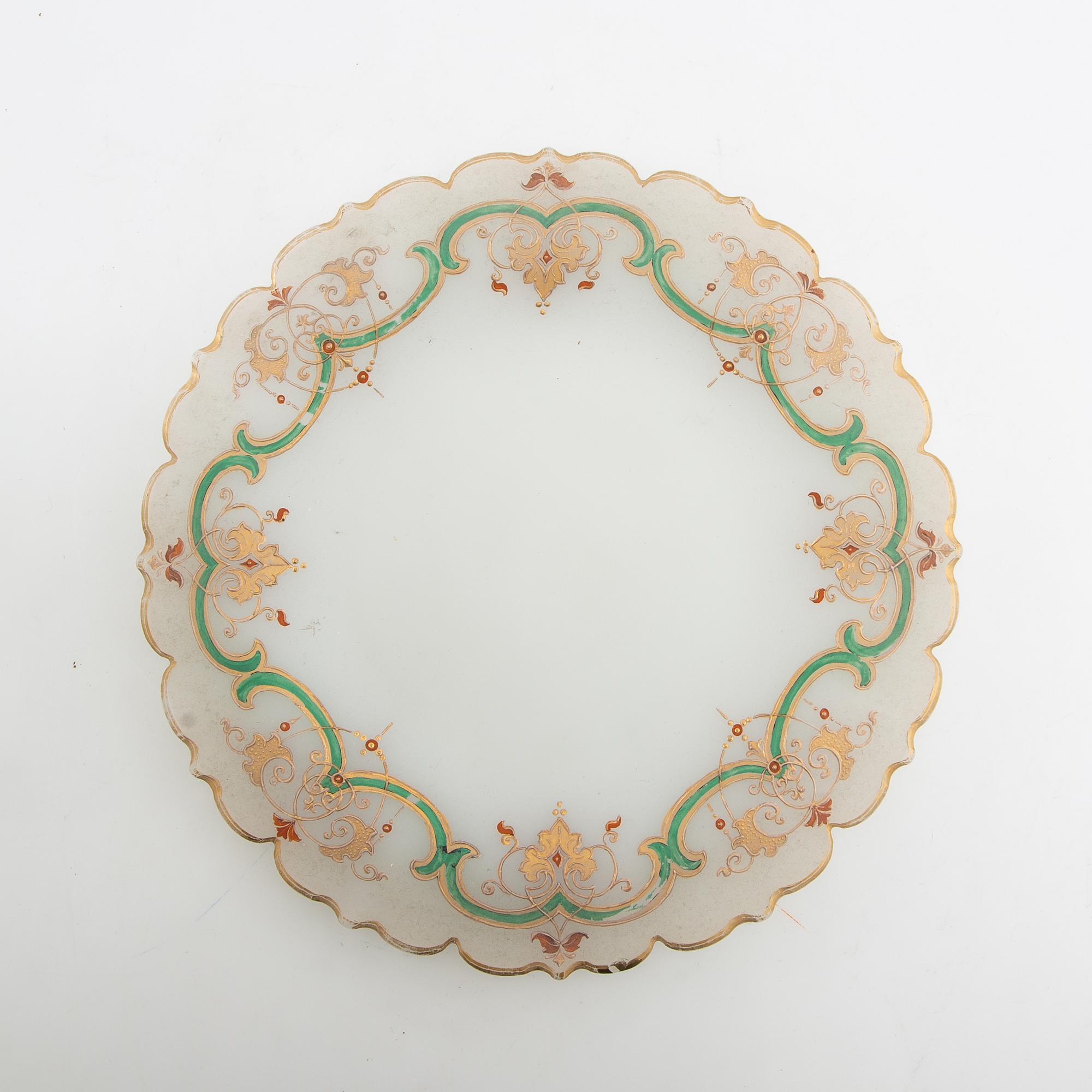 Bålskål med fat omkring 1900 flussglas med målad dekor.