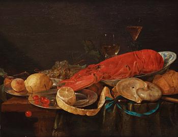 856. Pieter van Overschie (van Overschee), tillskriven, Stilleben med hummer, nautilussnäcka, kraakfat och citron.