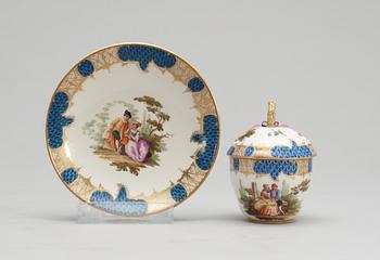 A Meissen cup with saucer and cover, 18th century.