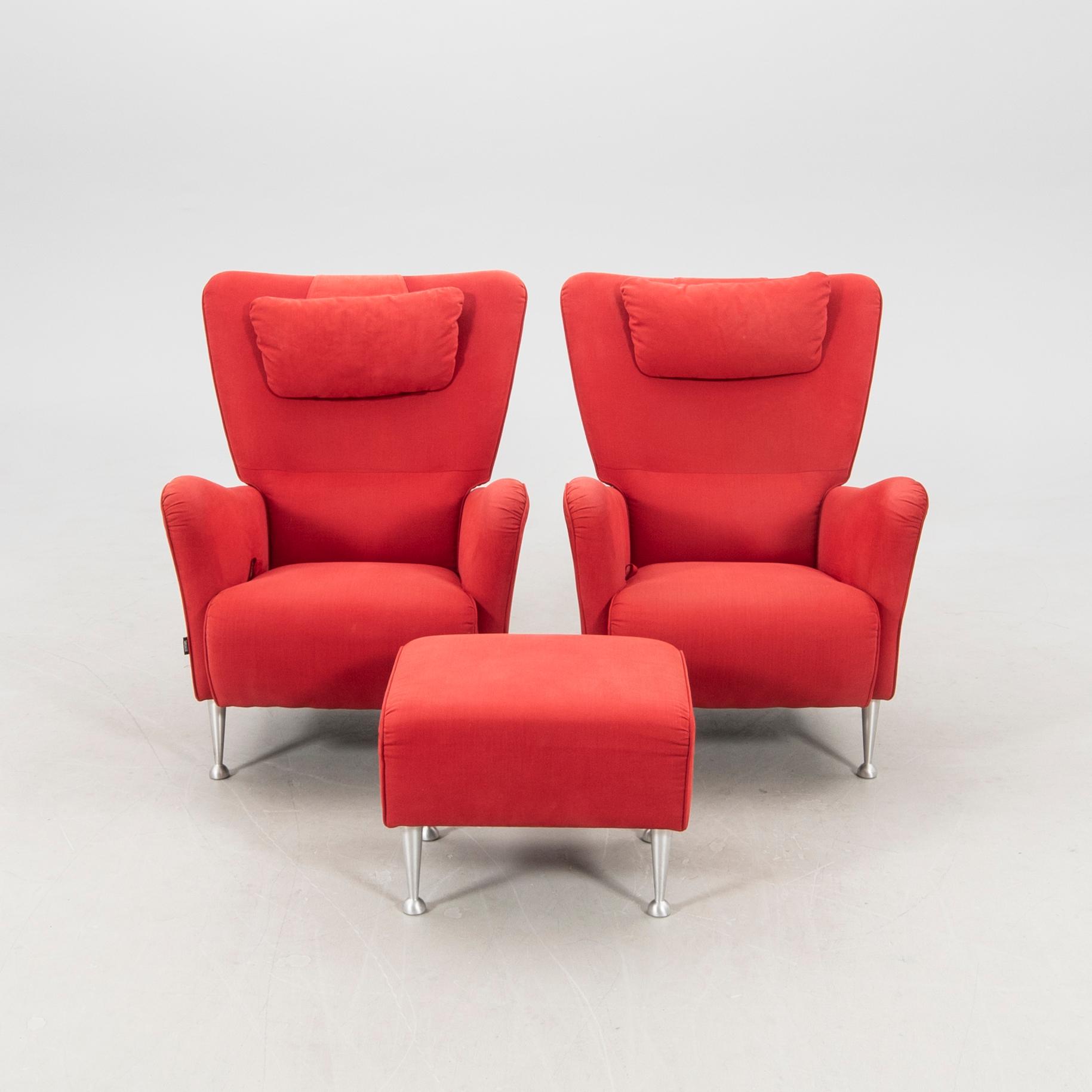 Carl-Henric Spak armchairs, a pair, and footstool "Stepp" for Swedese, 21st century.