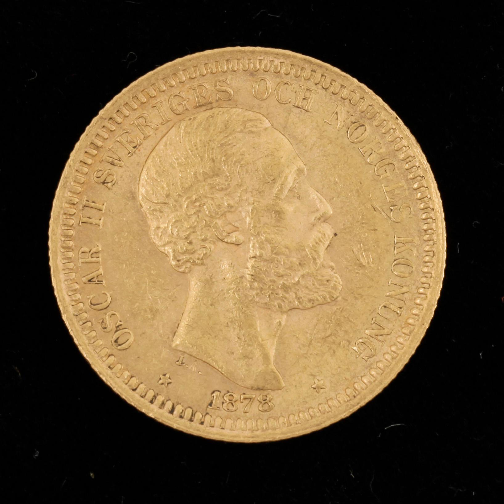GULDMYNT, 20 Kronor, Oscar II, Sverige-Norge 1878. Vikt ca 8 gram.