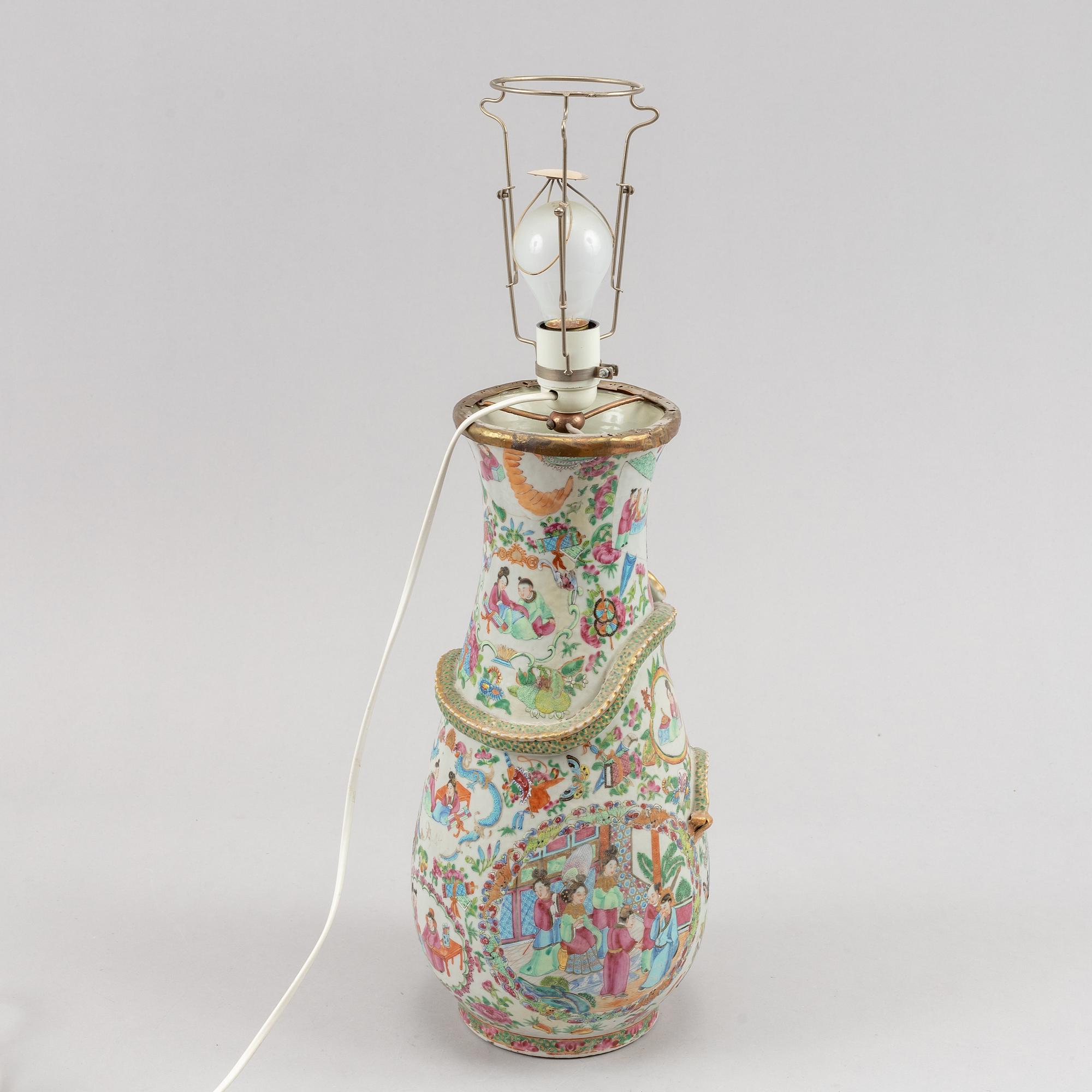 A famille rose Canton vase made in to  a lamp, Qing dynasty, 19th Century.