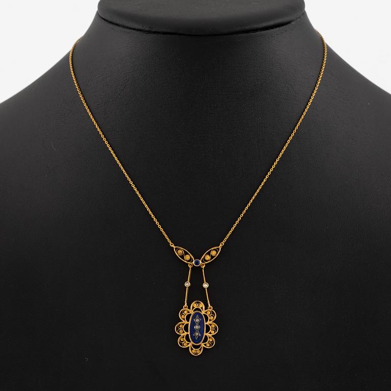 Necklace 18K gold with enamel and rose-cut diamonds.