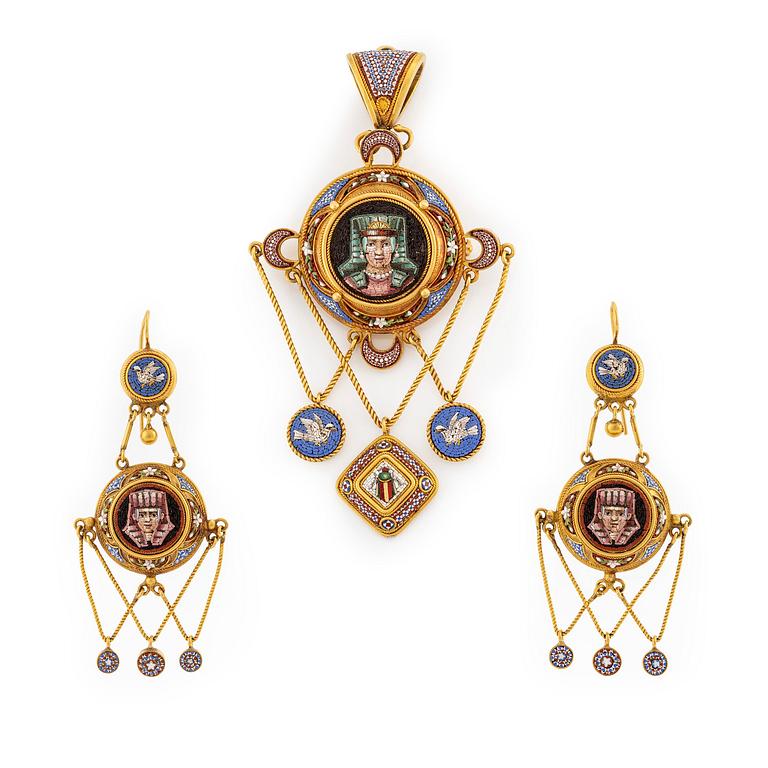 A Victorian Egyptian Revival Micromosaic pendant and a pair of earrings in 18K gold.