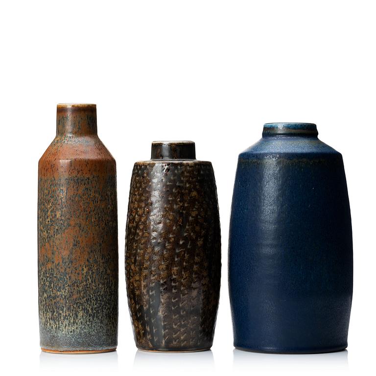 Carl-Harry Stålhane, a set of three unique stoneware vases, Rörstrand, Sweden 1960 and 1964.