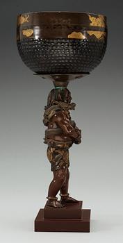 A Japanese bronze sculpture with a bowl, Meiji.