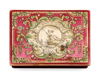 A French 18th century ivory counter box painted in colours signed "Mariaval le Juene a Rouen fecit".