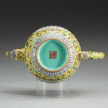A yellow ground famille rose teapot and cover, presumably Republic with Jiaqings sealmark.