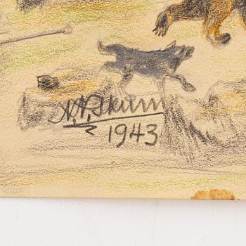 Nils Nilsson Skum, krit- och blyertsteckning, signerad och daterad 1943.