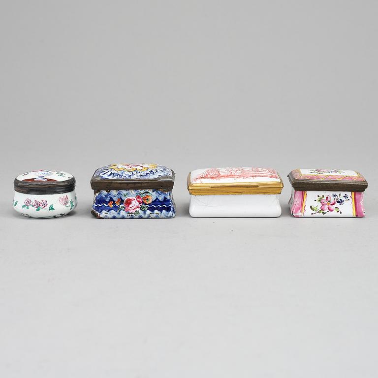 A mixed lot of four 18th century enamel snuff boxes.
