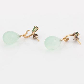 Mintgreen coloured agate, carved tourmaline and diamond earrings.