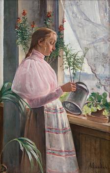 AMELIE LUNDAHL, GIRL WATERING FLOWERS.