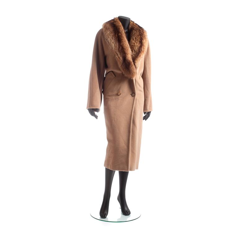 MAX MARA, a beige wool and cashmere coat with removable fur collar.