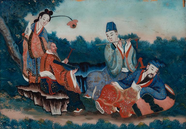 A Chinese reverse glass painting, Qing dynasty, around 1800.