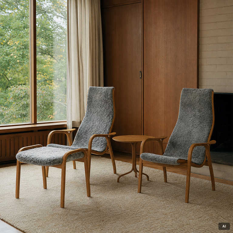 Yngve Ekström, A pair of armchairs, a footstool, “Lamino”, and a side table, Swedese, 2000s.