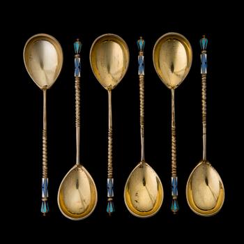 SIX RUSSIAN ENAMEL SPOONS, silver and enamel, Moscow 1896-1907, Nikolai Aleksev.