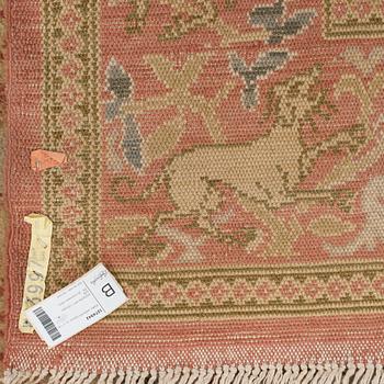 A carpet, a semi-antique Spanish, probably Madrid, ca 289,5-293 x 251-254 cm (as well as ca 1-2 cm flat weave at the.