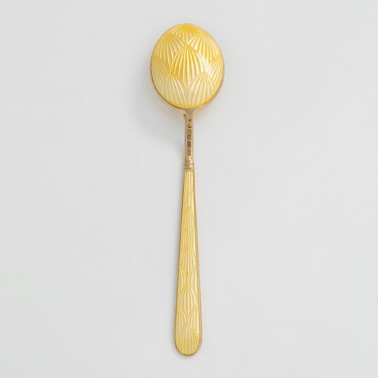 Sugar bowl and spoon, silver and enamel, the bowl by Anita Sarlin. Tillander, Helsinki, 1950.