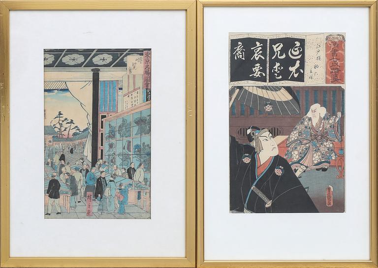 Två färgträsnitt, Kunisada och Hiroshige III, Japan 1800-tal.