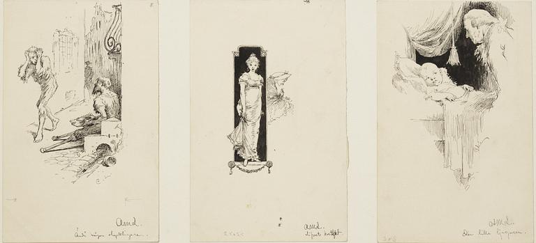 Carl Larsson, 6 drawings, signed C.L, Indian ink and hightening white mounted on cardboard.