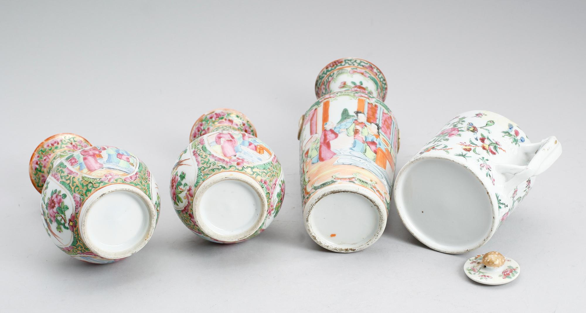 VASER, 3 st (2+1) samt TEKANNA, porslin, Kanton, Kina, 1800-tal.