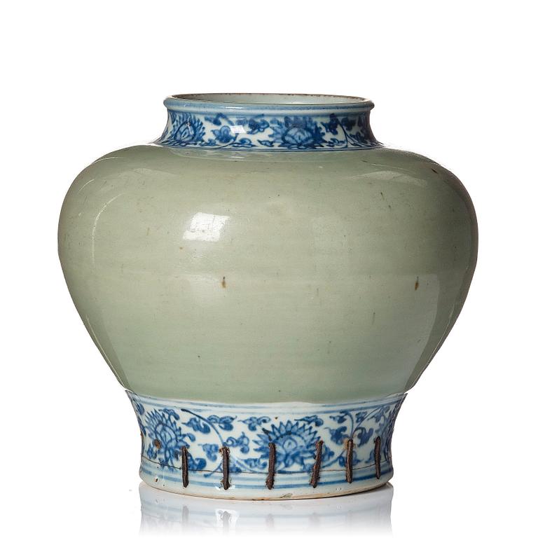 A blue and white celadon ground jar, Ming dynasty (1368-1644).