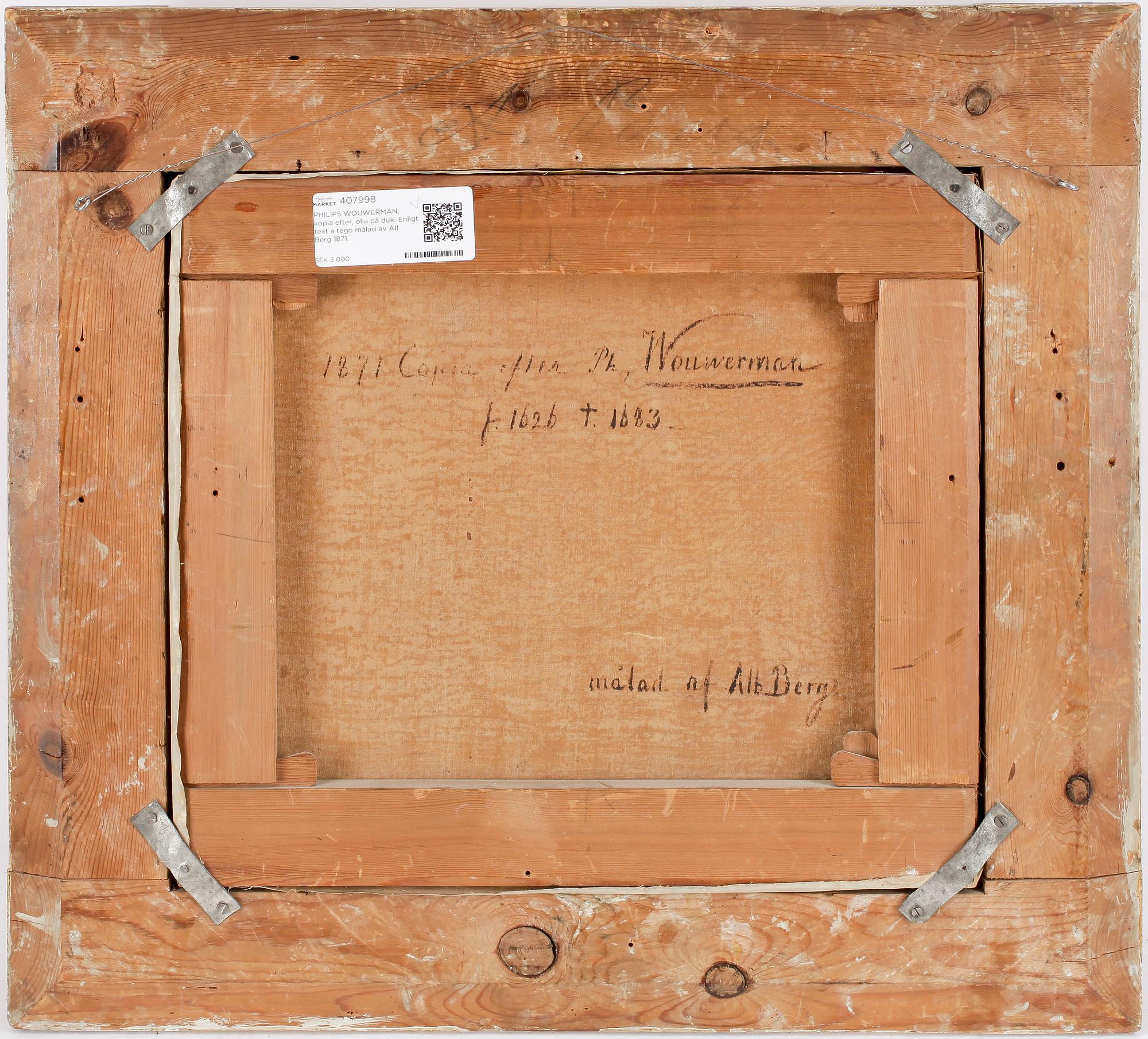 PHILIPS WOUWERMAN, kopia efter, olja på duk. Enligt text a tego målad av Alf. Berg 1871.